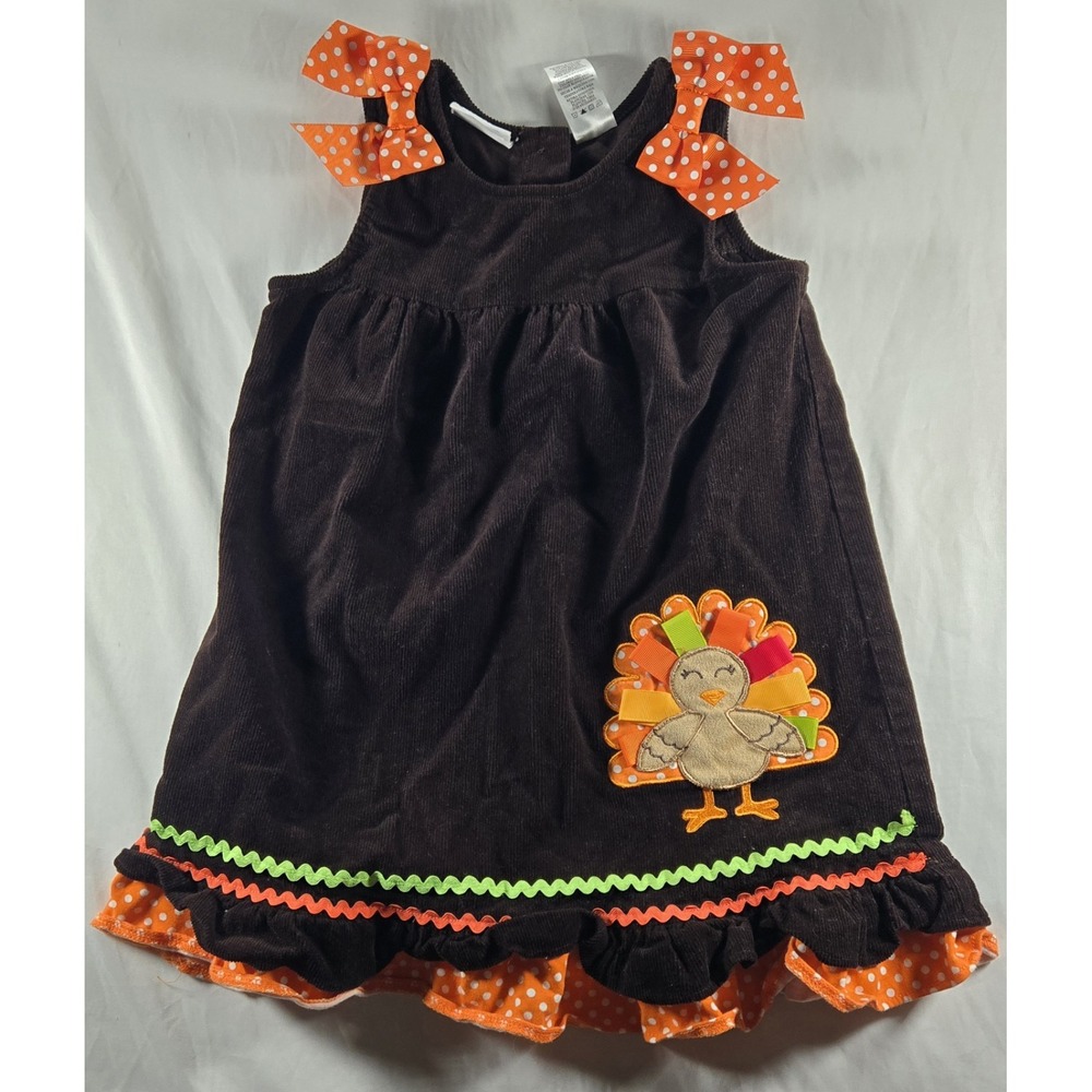 Blueberi Boulevard Brown Corduroy Thanksgiving Turkey Dress‎ with Orange Accents